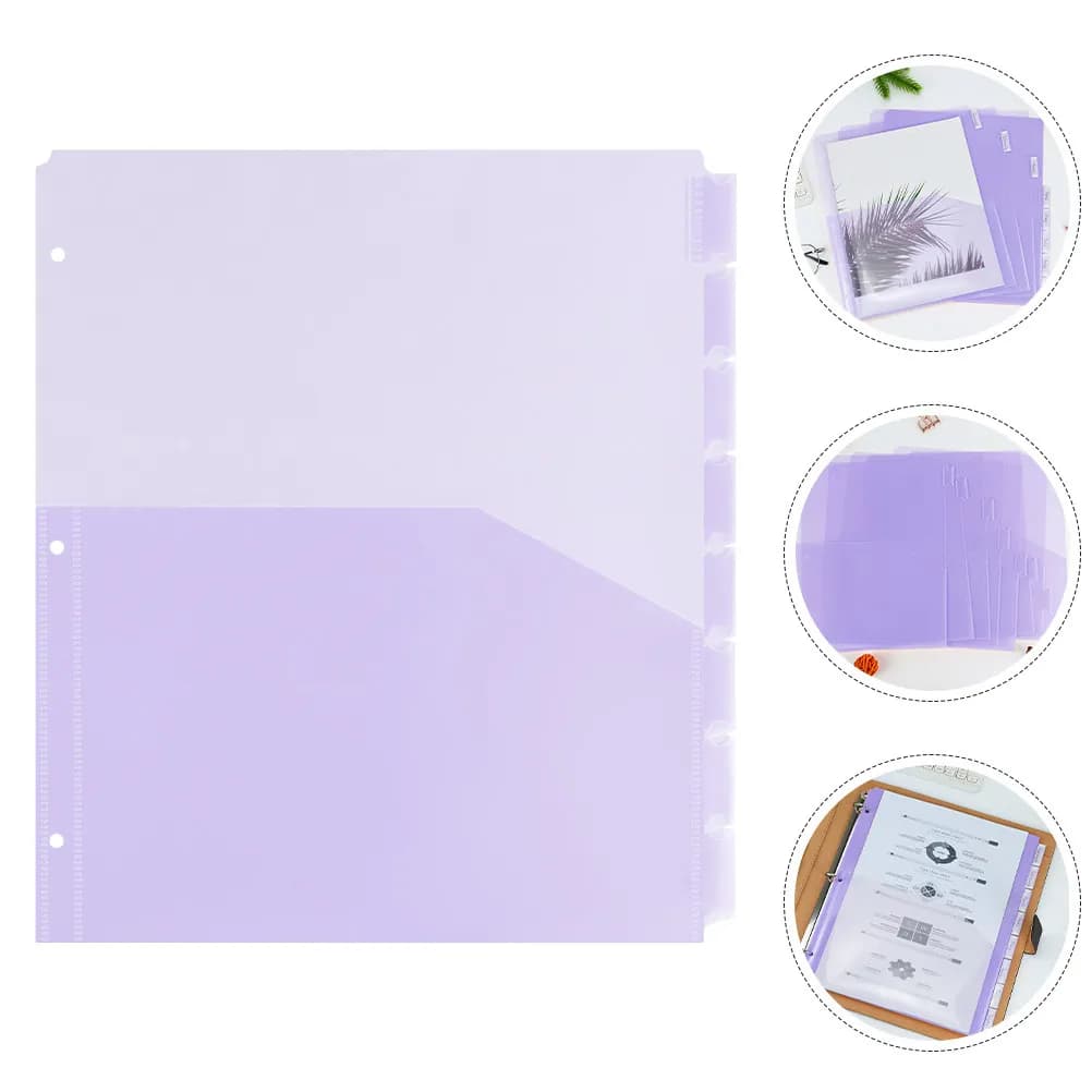 8Pcs A4 File Binder Pockets 5 Color Dividers Plastic Semi Transparent Organizer Folders with 3 Ring Compatibility for Office