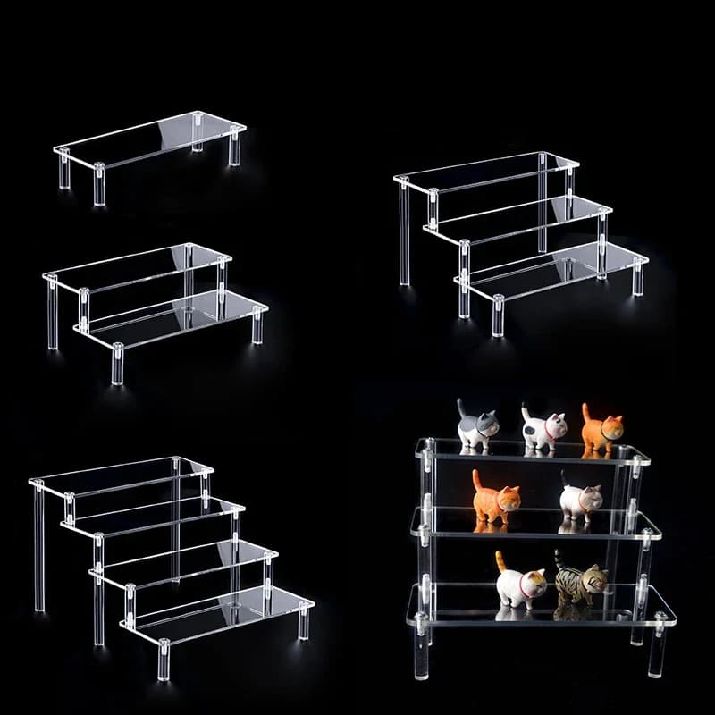 Espositore in acrilico da 1-4 strati Espositore durevole per bambola di profumo per cupcake Scaffale di stoccaggio per scatole cieche trapezoidali trasparenti
