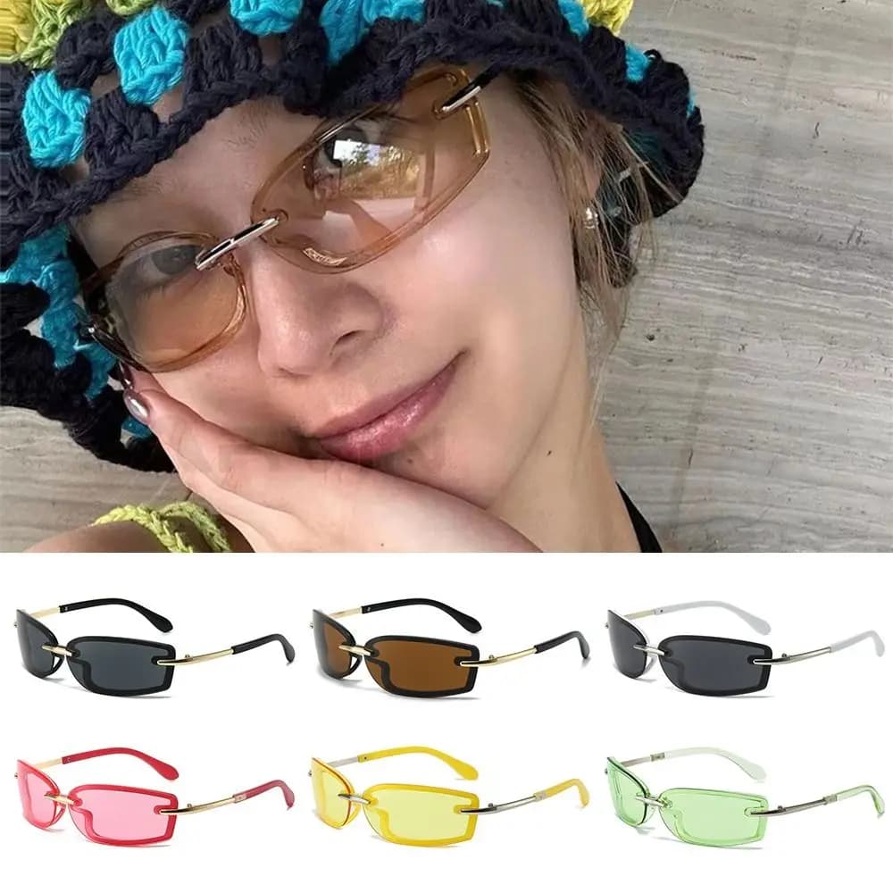 Small Rimless Square Candy Color Sunglasses Metal Temples Y2K Futuristic Shades UV Protection Women's Sun Glasses
