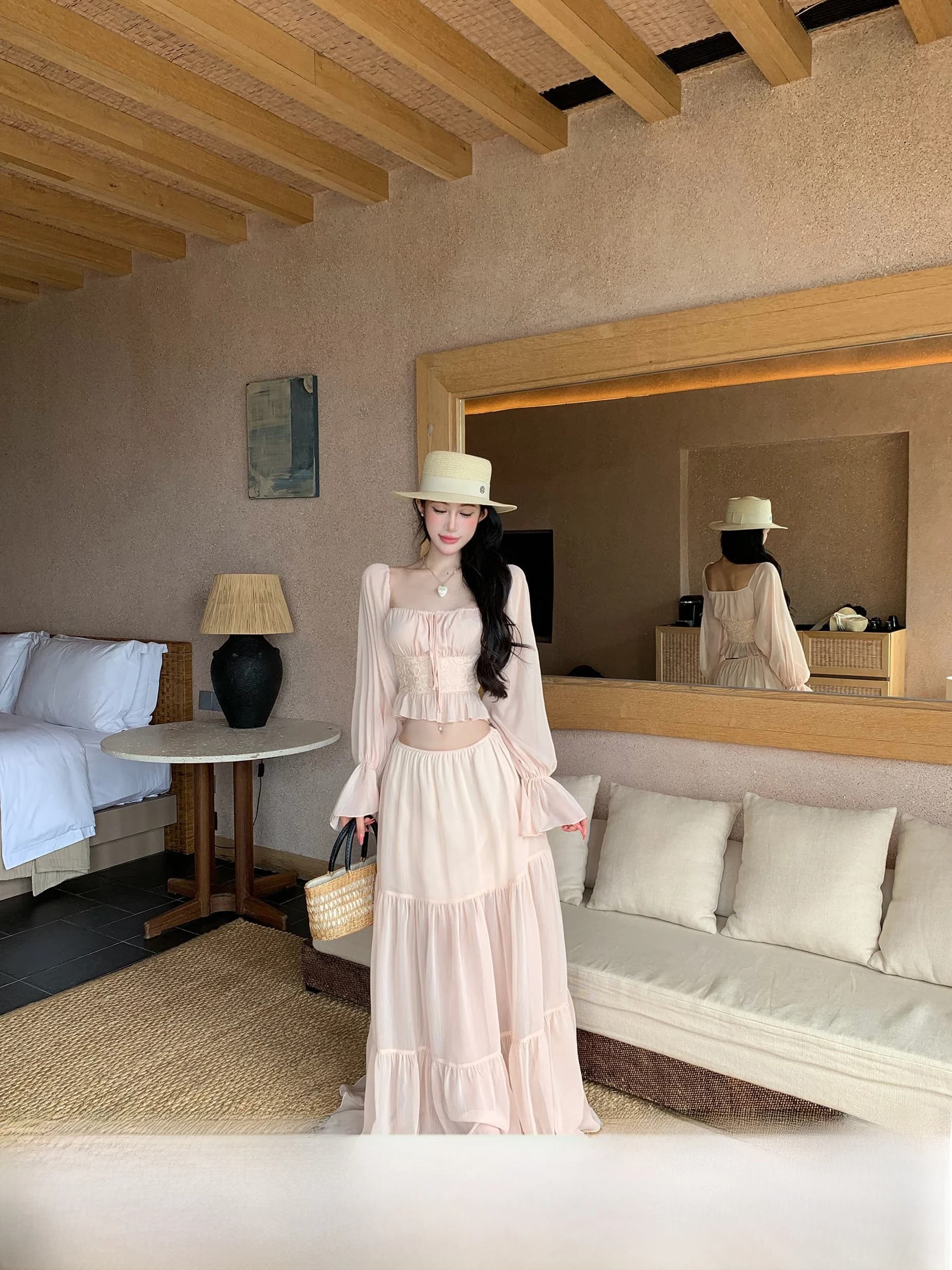 Summer New Style Vacation Theme Women's Outfit Half-length Skirt And Top Two-piece Set Long Sleeve Bell-sleeve Pure Color