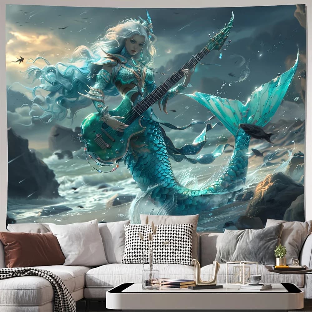 Tapestry con stampa digitale 2D di una sirena chitarrista, decorazione da parete in poliestere per soggiorno, camera da letto, ufficio, con ganci.