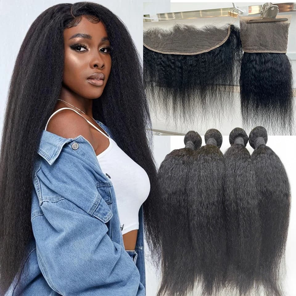 BINF Hair: Extension di capelli umani peruviani lisci e crespi con frontale in pizzo e chiusura frontale in pizzo