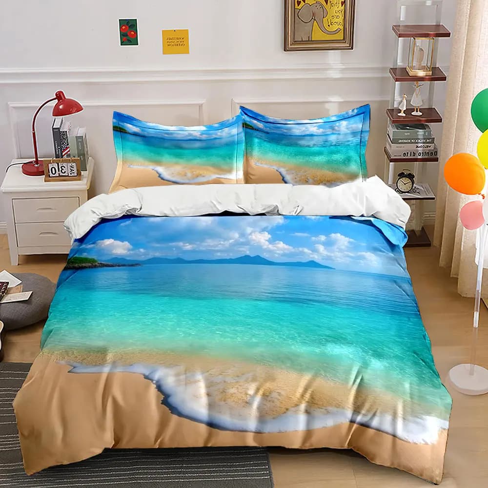 Set di biancheria da letto con stampa realistica di spiaggia e acqua limpida, 1 copripiumino e 2 federe per adulti e bambini, regalo di lusso, misura completa