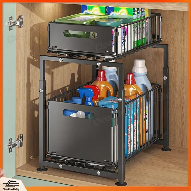 Adjustable Under Cabinet Sink Rack for Kitchen Countertop Storage Organizer Shelf for Spices Seasonings Bottles Cans and
