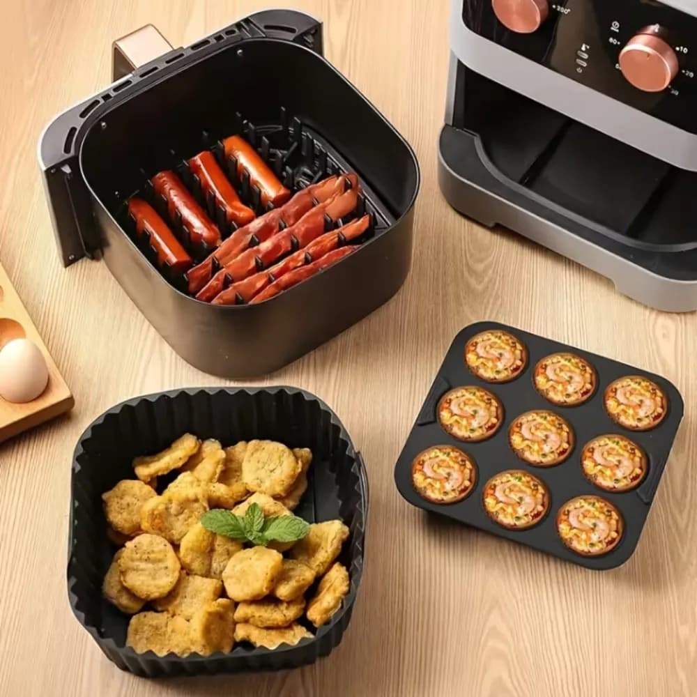Set di 3 Pezzi: Teglia in Silicone Antiaderente per Friggitrice ad Aria, Stampo per Cupcake Resistente al Calore, Griglia Quadrata per Bacon