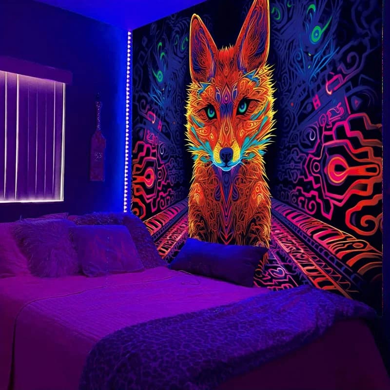VIKAMA Tappeto murale fluorescente psichedelico con volpe, per feste con luce nera, decorazione per sala eSports e creazione di atmosfera