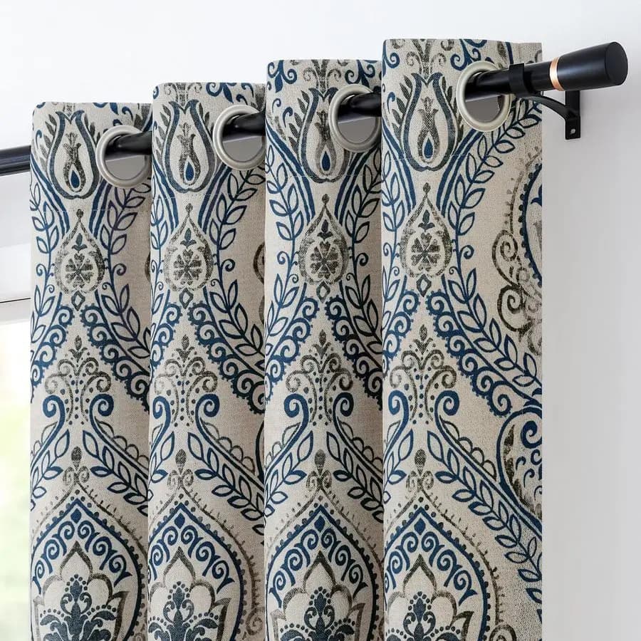 Curtains Vintage Damascate Blue Lungs 84 Inches, Dark Linen Curtains with Floral Paisley Printing in Bedroom and Living Room