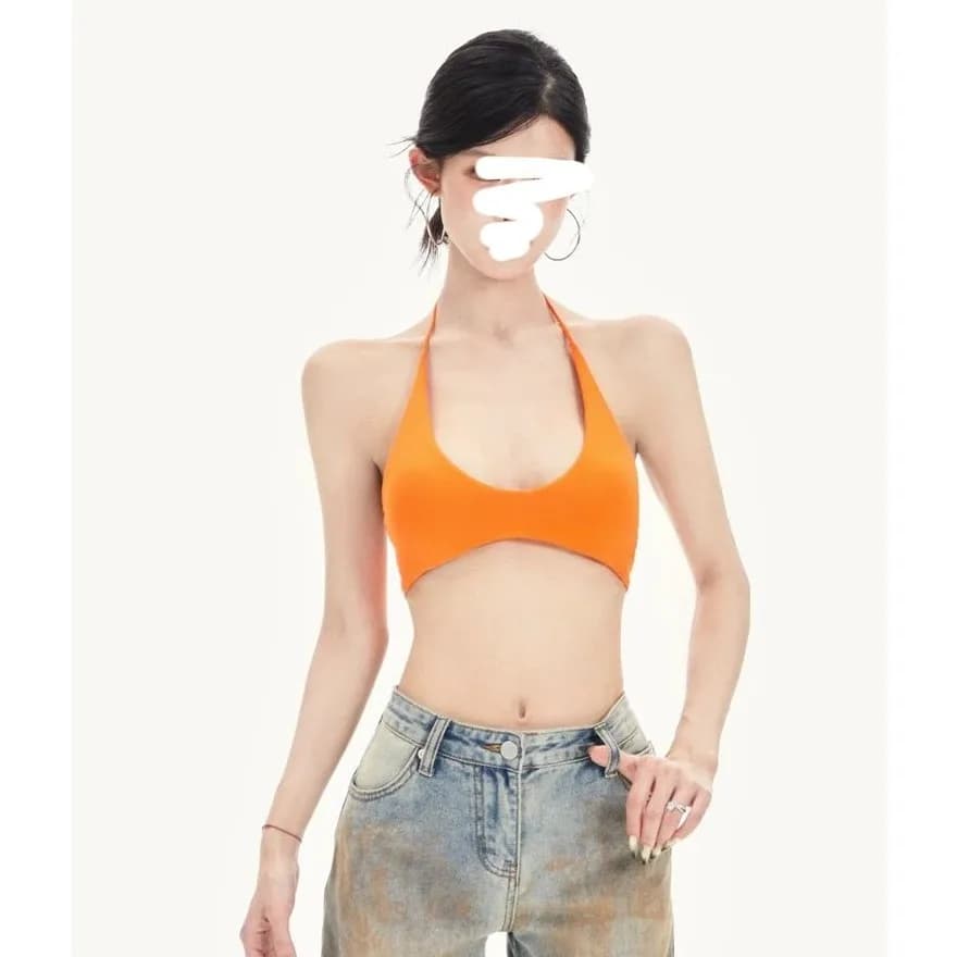 Women's summer top with large U-neck and neck fastening, Dopamine orange color, for yoga, bikini, capospalla, with padding on the chest and shoulder straps, canoe style.