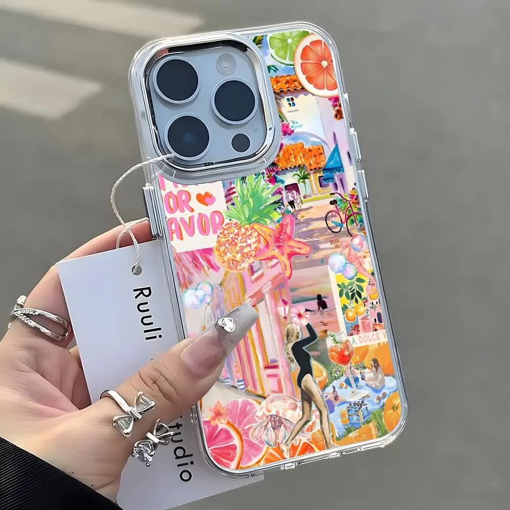 Ocean Wine Glass Lemon Phone Case For iPhone17 16 15 14 13 12 11 Pro Max Plus Chrome Button Camera Ring Transparent Case
