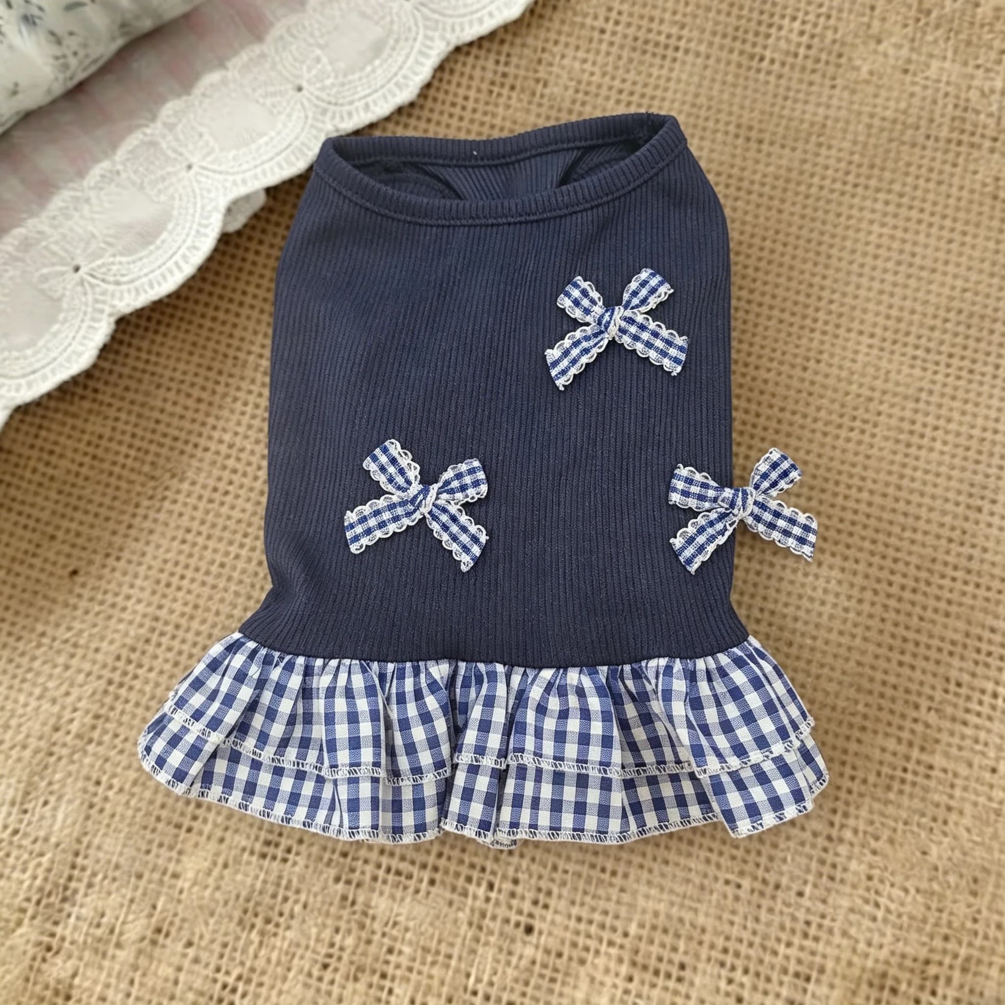 Navy Ribbed Sleeveless Pet Dress Sweet Blue Plaid Bow Ruffle Hem Princess Vest Skirt for Cats Yorkie Maltese Chihuahua Small Dog