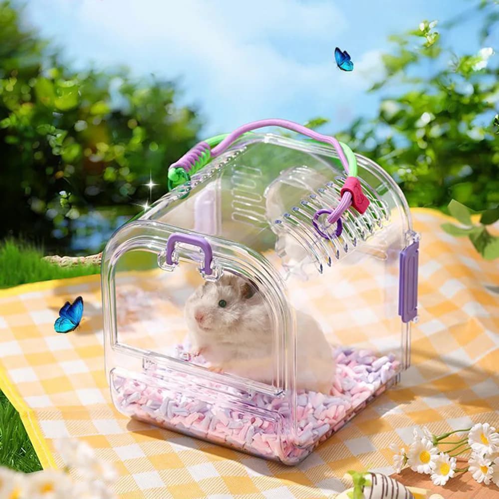 Trasportino Portatile per Animali Domestici, Gabbia da Viaggio Traspirante e Rimovibile per Criceti con Bottiglia d'Acqua e Copertura, Box per Criceti da Esterno