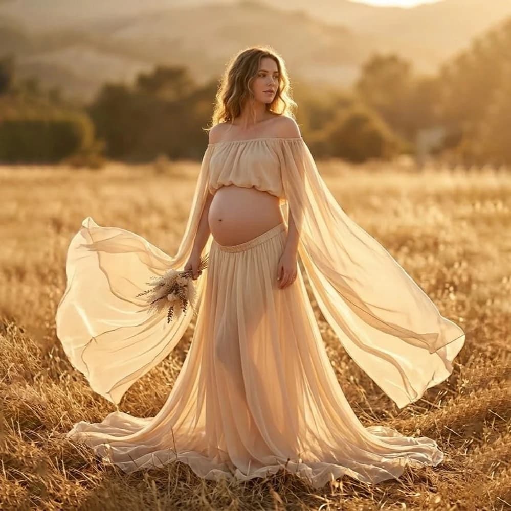 Off Shoulder Maternity Photography Gown Two Piece Set Chiffon Pregnant Women Maxi Dress For Photo Shoot Photo Studio Props
