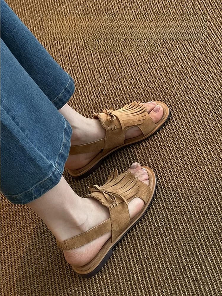 Summer Flat Heel Sheepskin Tassel Women's Sandals Breathable Versatile Holiday Style Open-Toe Slip-On Shoes Rubber Outsole