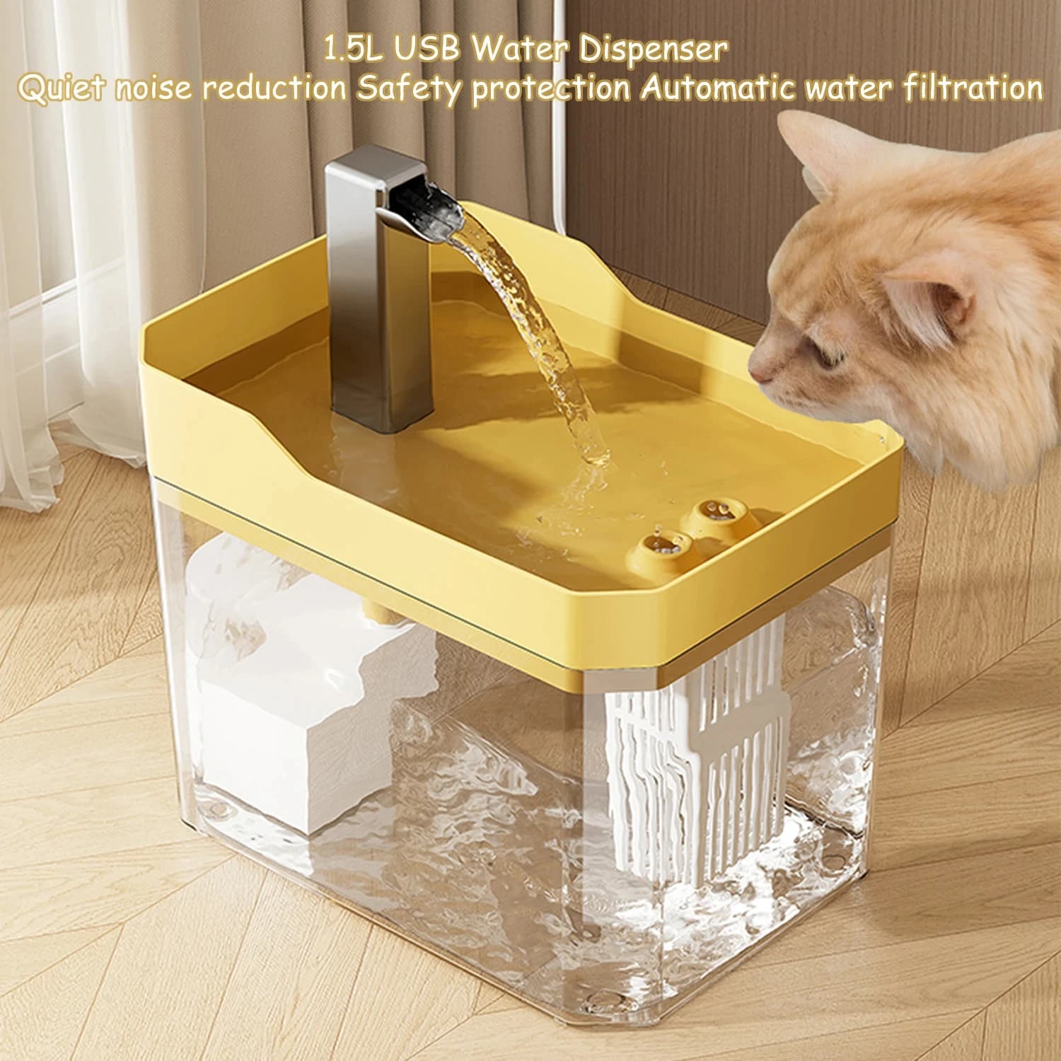 Fontanella per Gatti con Filtro Automatico, Trasparente, USB, Anti-Scottatura a Secco, Ricircolo e Filtraggio dell'Acqua con Pompa