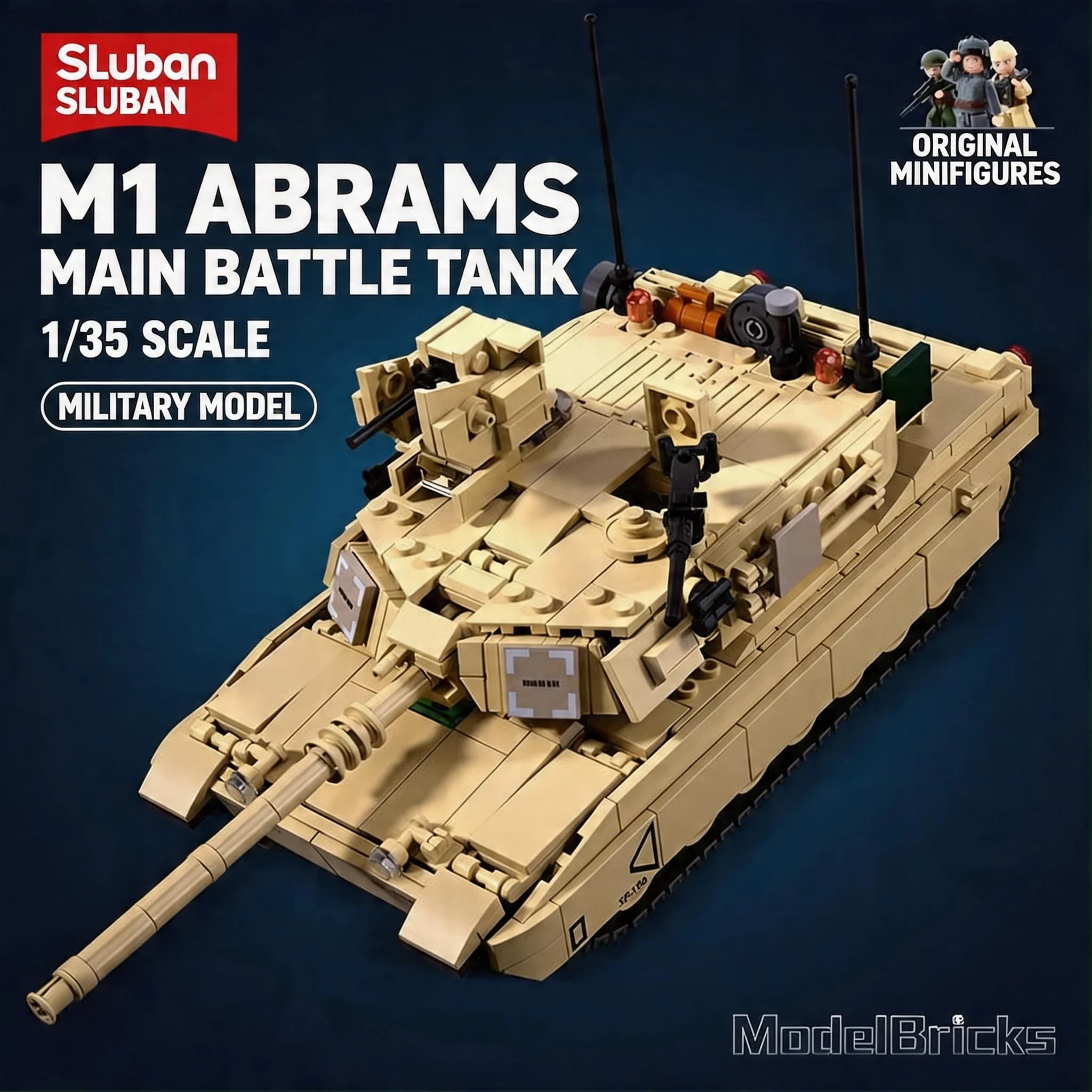 Set di Costruzione Sluban M1 Abrams Carro Armato Principale, Scala 1/35, Modello di Veicolo Militare Fai-da-Te, Regalo per Adulti e Bambini
