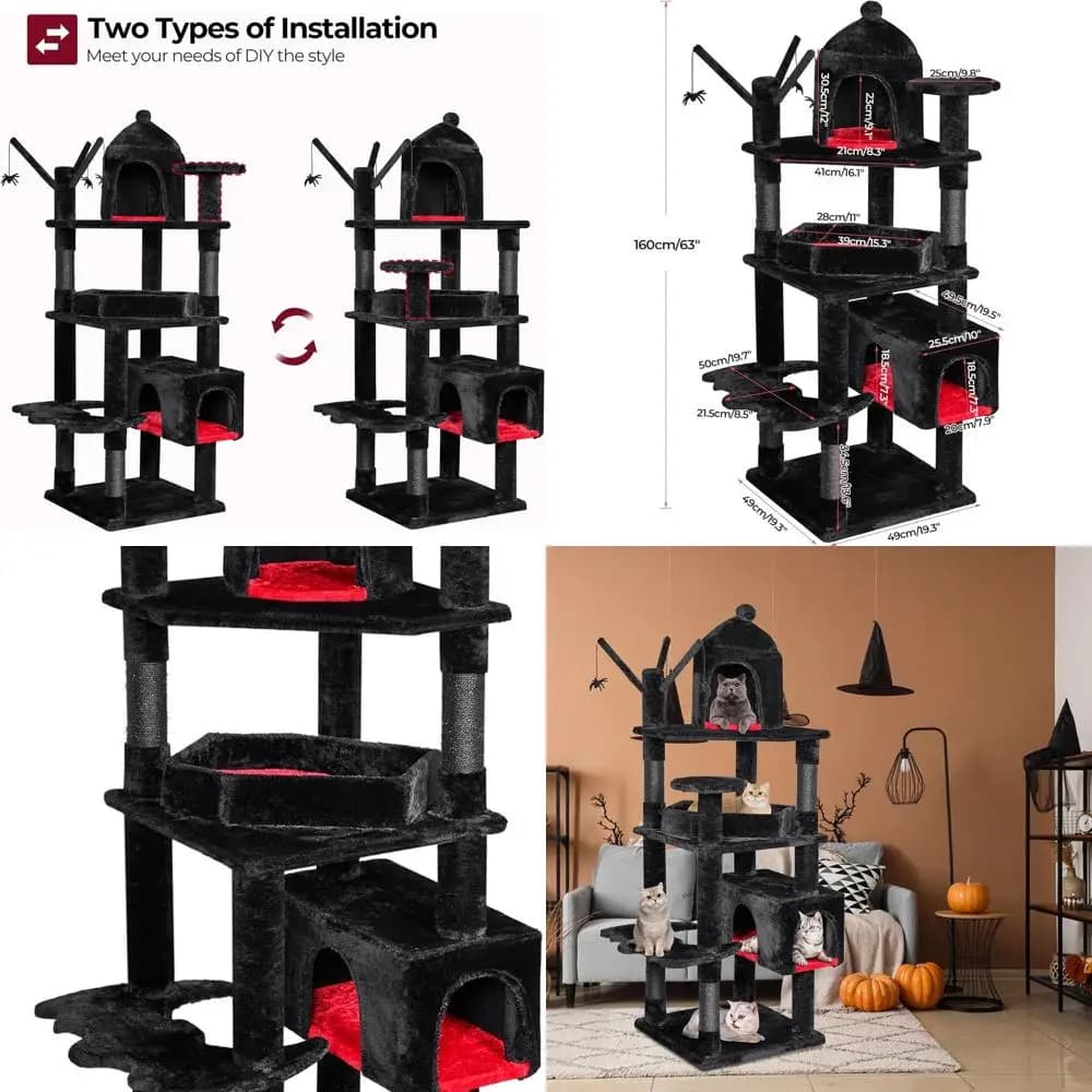 Torre per Gatti in Stile Gotico Robusta, 160 cm di Altezza, con Letto a Bara e Tiragraffi per Gatti Oltre 9 kg, Nero e Rosso MMJ96R
