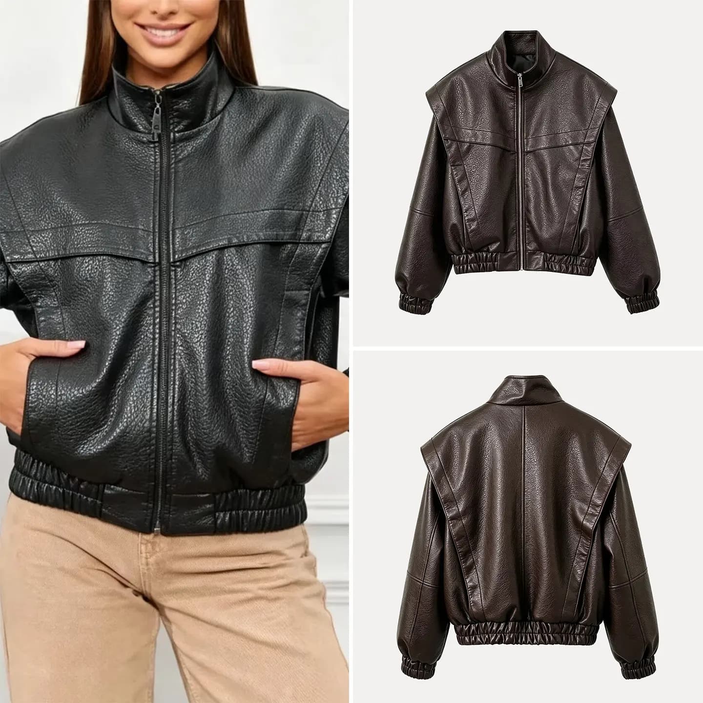 Women's Summer 2026 Versatile Stand Collar Zipper Fake Two-Piece Lychee Pattern Jacket Outerwear Long Sleeve Standard Fit Zadata