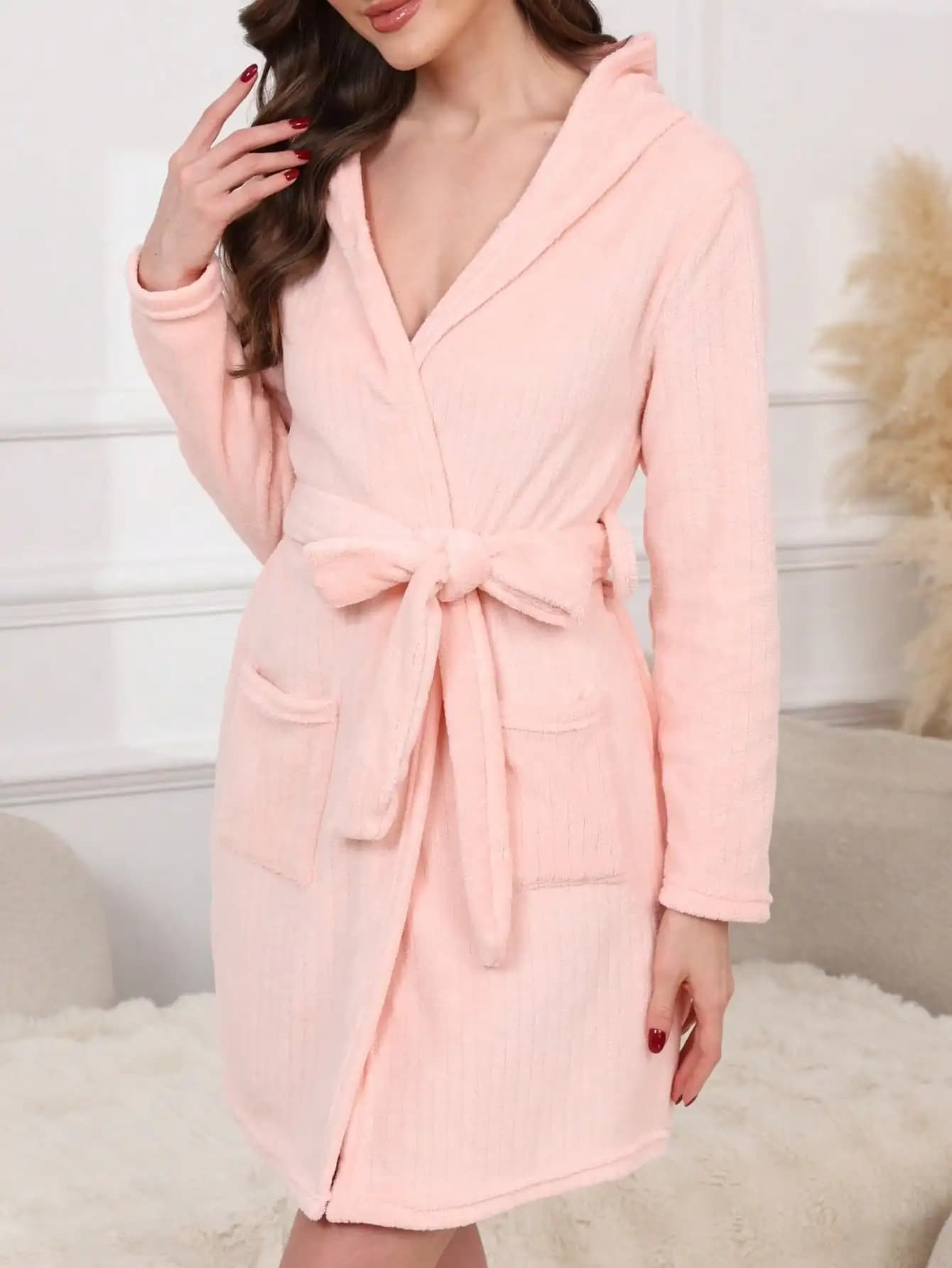 A striped cardigan in solid color for spring, autumn and winter women's bathrobes, a simple night shirt with belt and a home dress