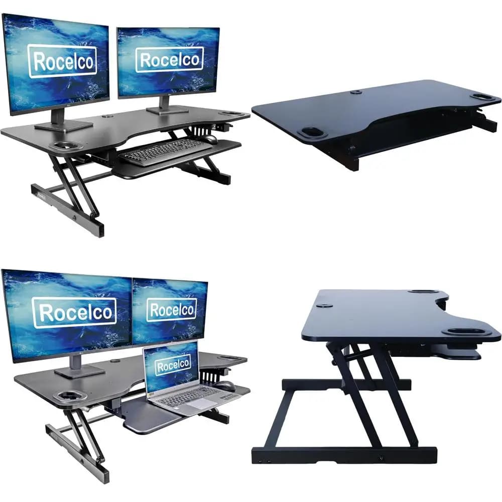Convertitore da scrivania regolabile in altezza con vassoio per tastiera scorrevole per la configurazione dei tripli monitor e l'uso in scrivania in piedi