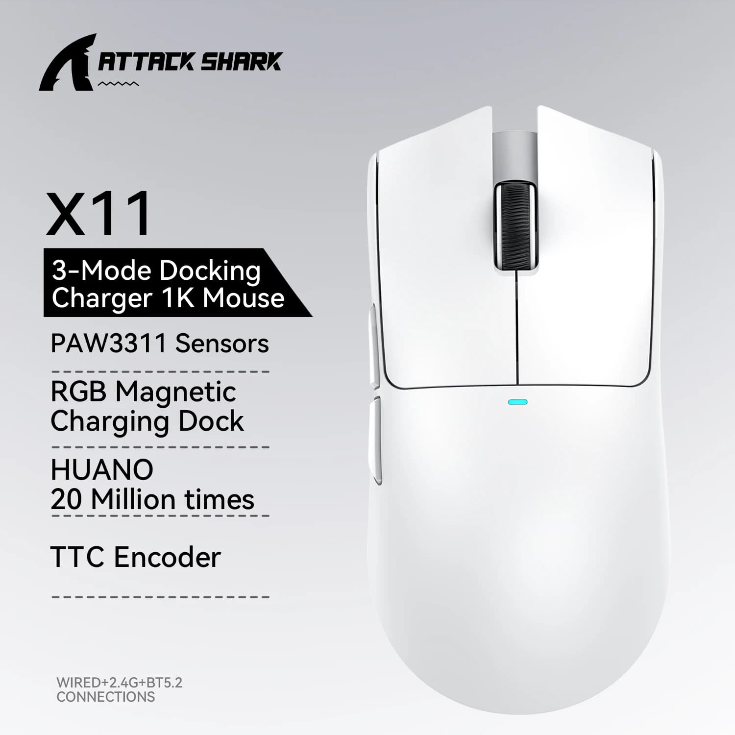 Mouse wireless Attack Shark X11 PAW3311 22KDPI 400IPS, connessione tri-modale Mouse da gioco per PC RGB da 2,4 GHz/cablato/Bluetooth