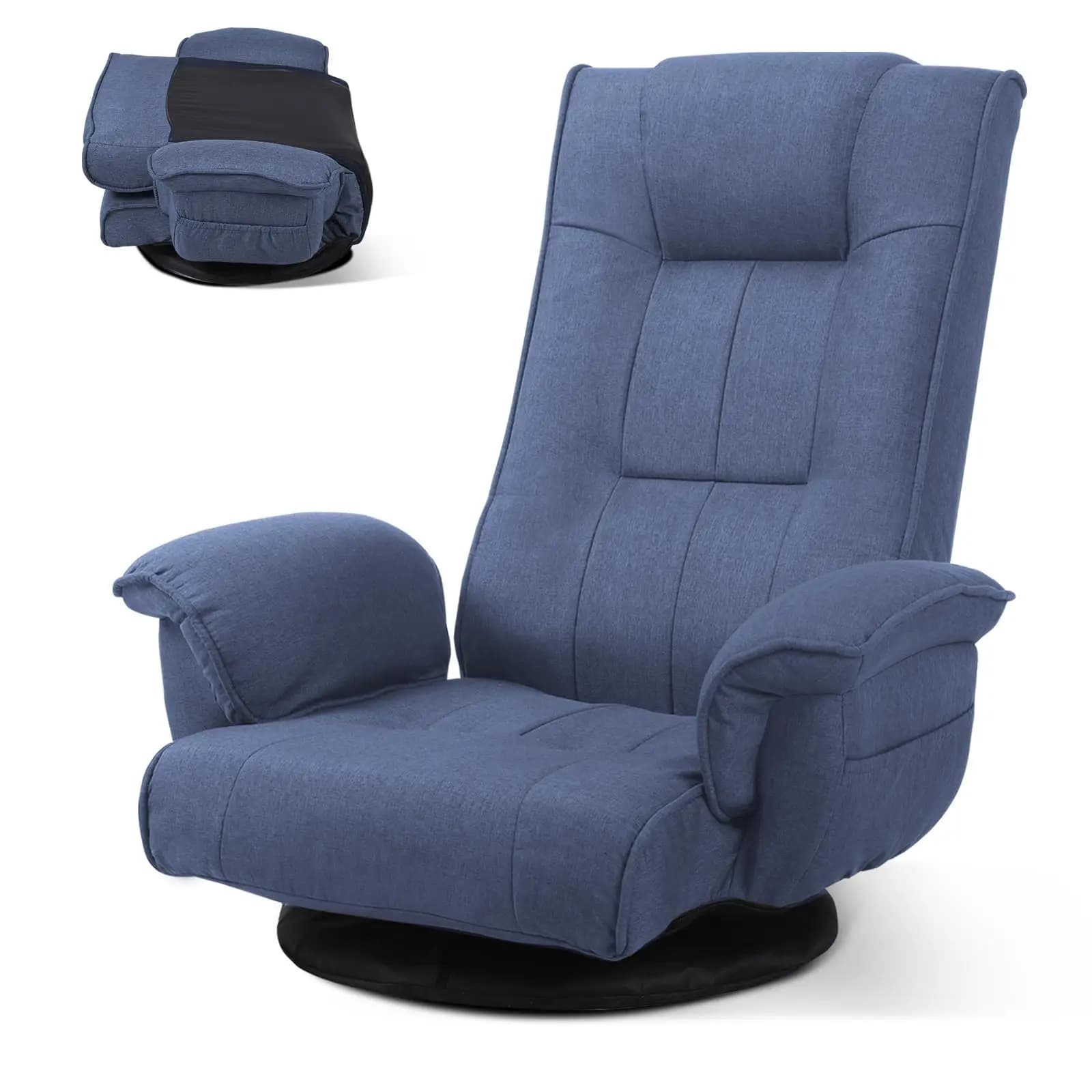 Sedia da Gaming Ergonomica in Tessuto Lino Blu con Reclinazione a 6 Posizioni e Rotazione a 360° ° Base Girevole e Supporto Lombare