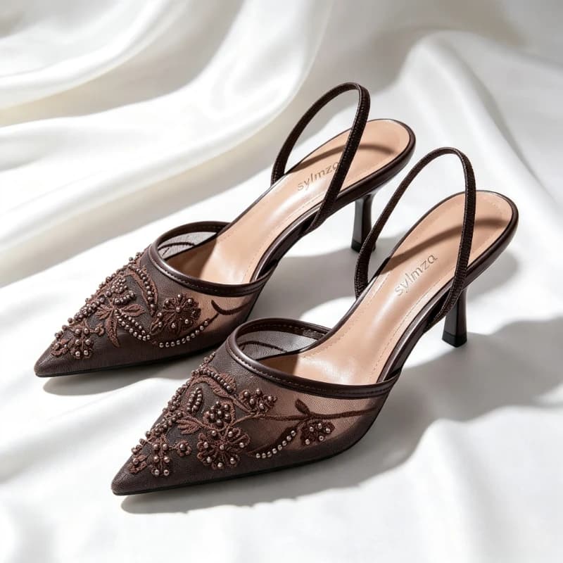 Elegant high heels with mesh embroidery for women Sandals with sexy heel with tip and beads Sandals with ankle heel Signed shoes for luxury banquets