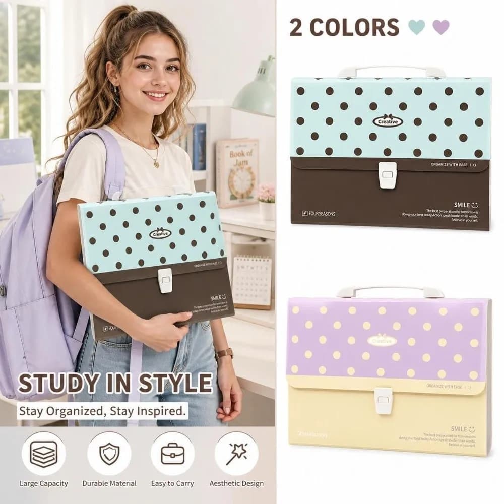 13-Layer Expanding File Folder Polka Dot Pattern Large capacity A4 Document Organizer Snap Closure Paper Storage Bag Students
