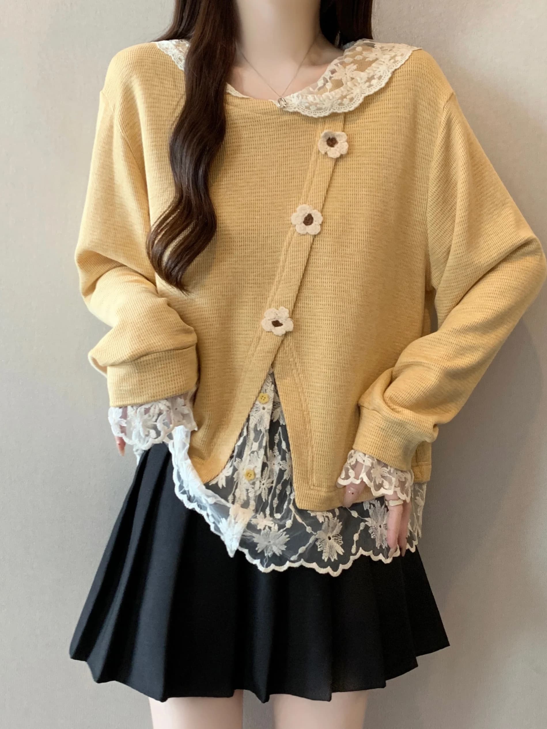 Yellow Long Sleeve Lace Hoodie Women's Loose Fit Comfortable Sweatshirt Spring Early Season plus Size Irregular Top