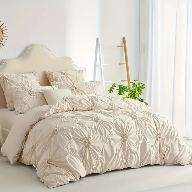 Set Copripiumino Bohemien a Rombi con Fiori Stereoscopici e Tinta Unita (1 Copripiumino + 2 Federe Senza Imbottitura)