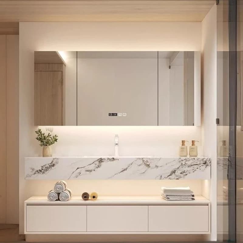 Mobiletto da Bagno Contemporaneo con Lavabo, Scaffale, Armadietto, Base per Lavandino di Lusso, Cassetti, Specchio e Portasciugamani