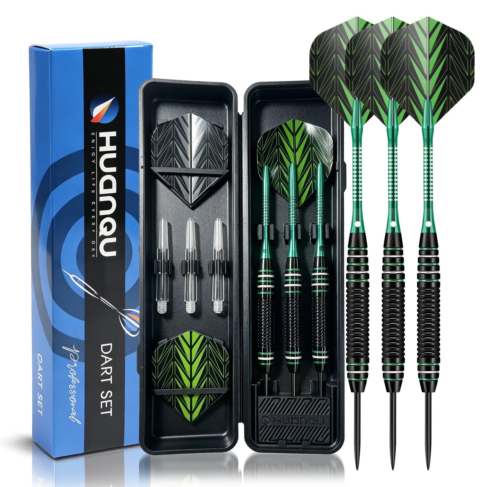 3Pcs 20g Steel Tip Darts Set Professional Dart Kit with Spare Flights Shafts Case Black Green Design for Training Bar Game
