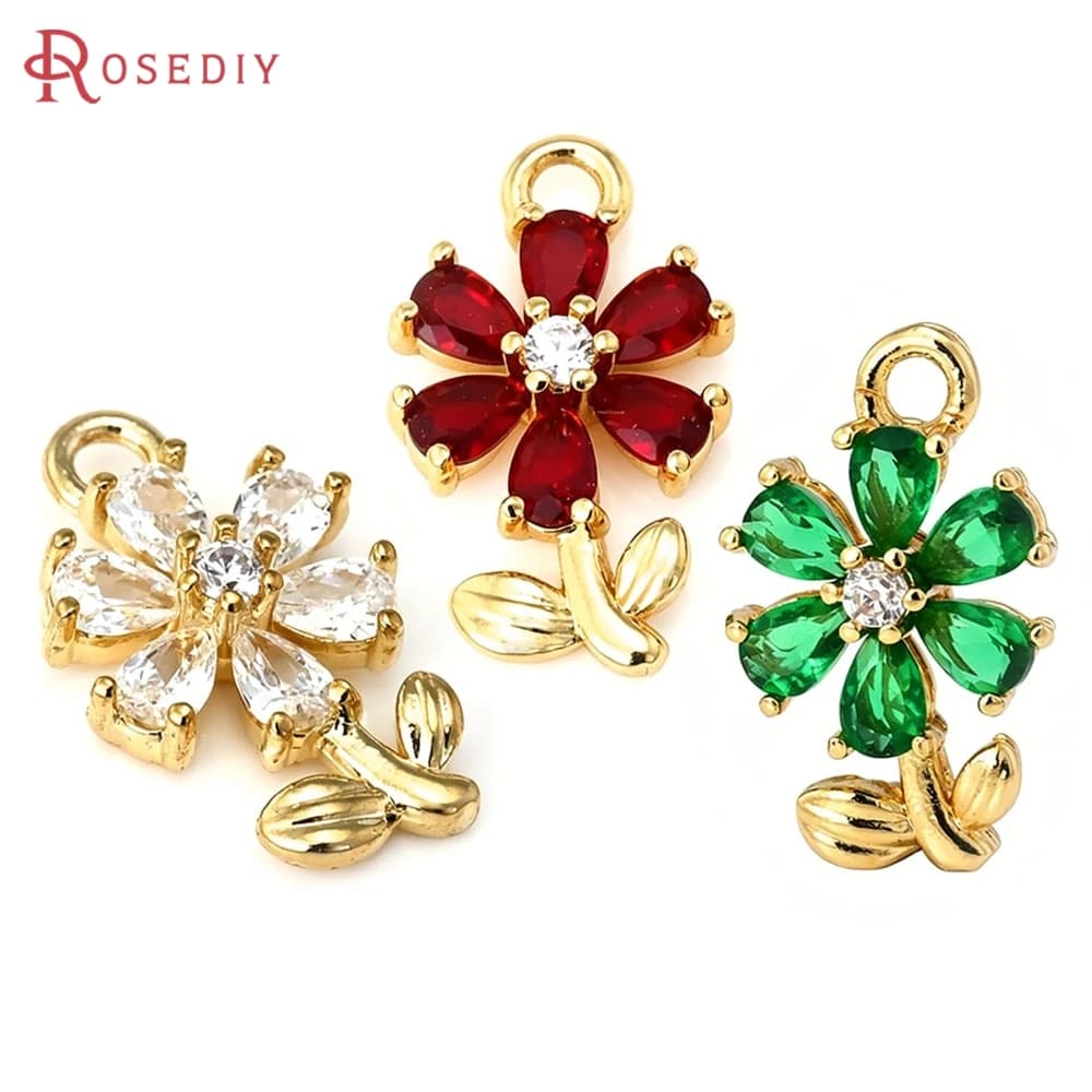 4PCS 18K Gold Color Brass Zircon Flower Charms Pendants High Quality Diy Necklace Earrings Jewelry Accessories Jewellery Making
