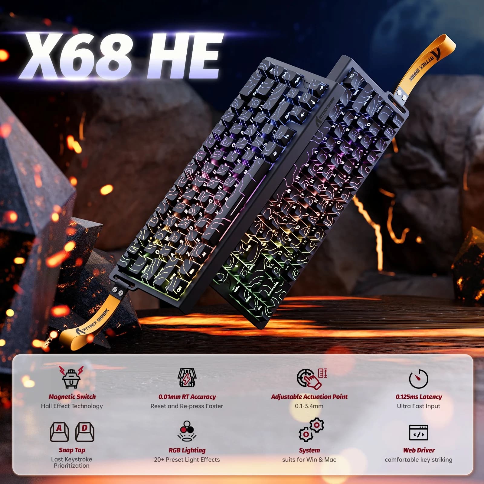 Tastiera Magnetica Cablata ATTACK SHARK X68 HE 8KHz con Precisione RT di 0,01mm, Bassa Latenza di 0,125ms, Personalizzazione RGB, 60% per Esport