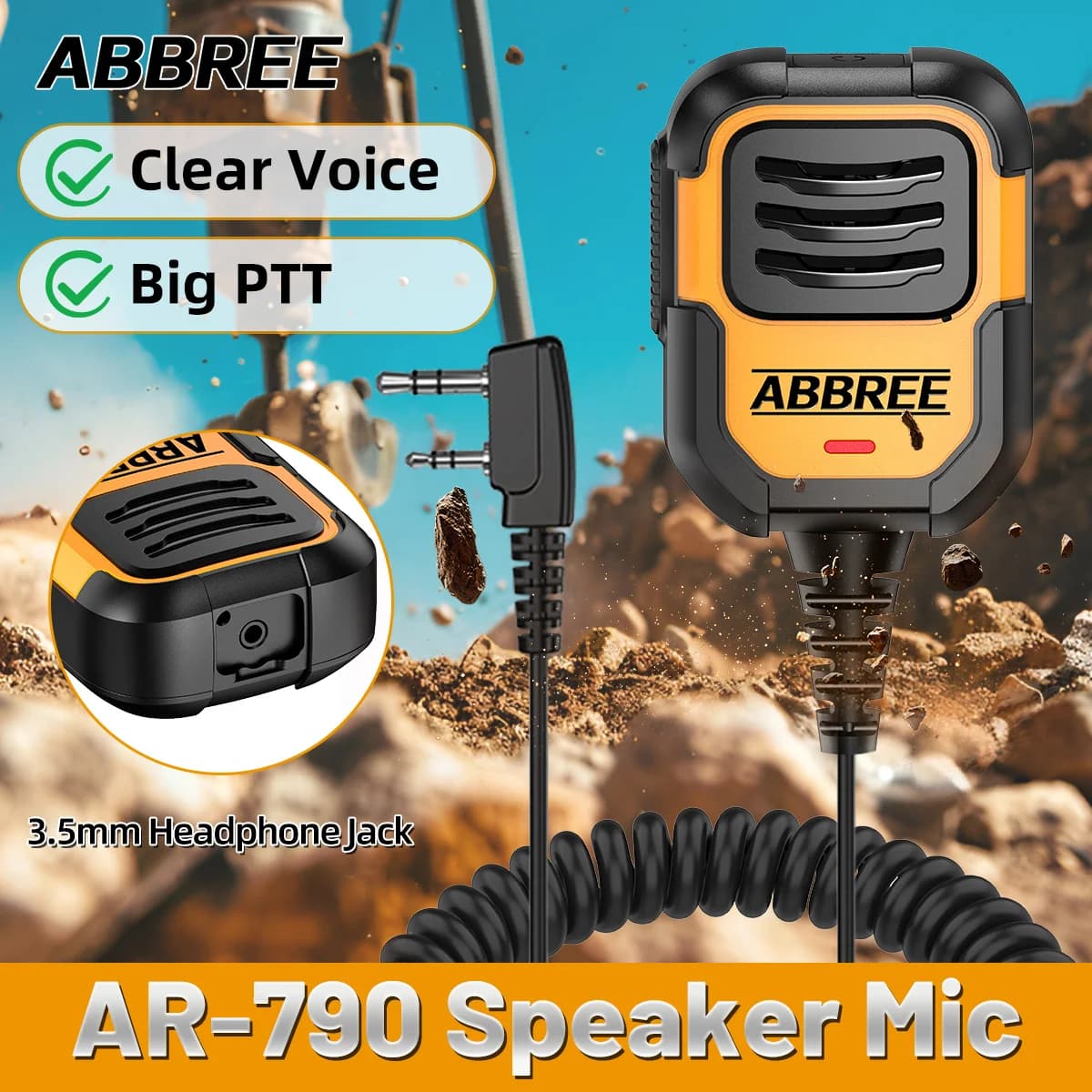 ABBREE Walkie Talkie Speaker Microphone | Mic AR-790 IP54 Waterproof | for Baofeng UV-5R MINI AR-152 Pro UV-21 Upgrade BF-780