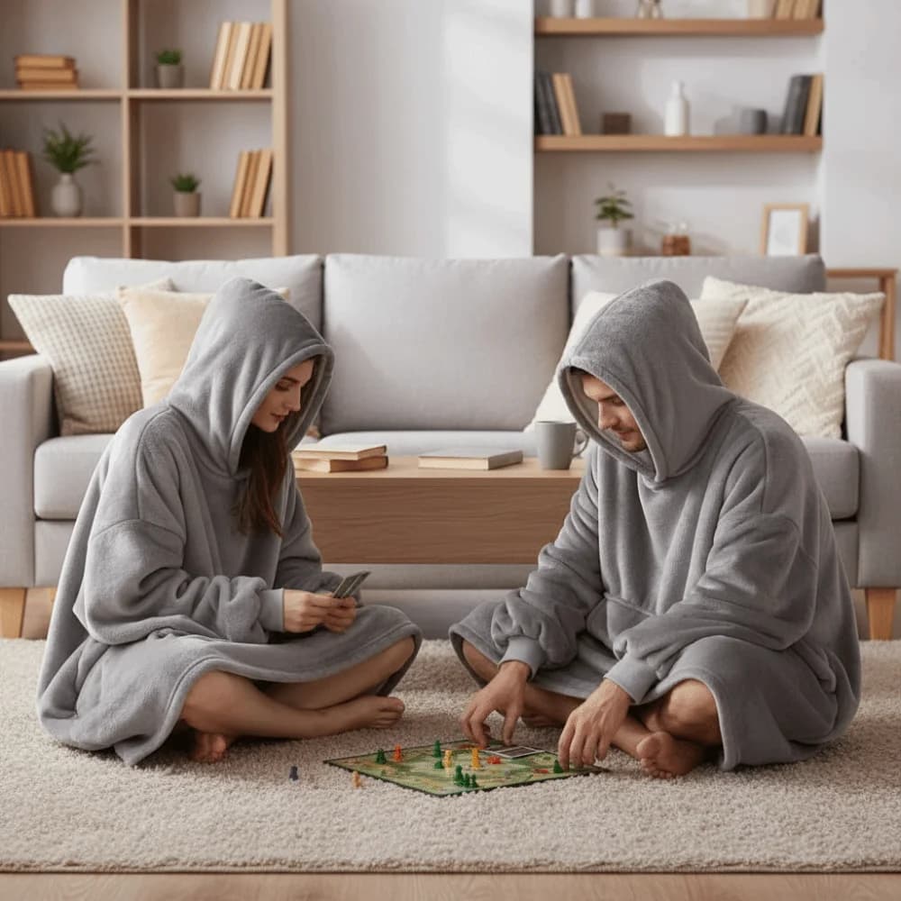 Pigiama oversize con cappuccio a maniche lunghe in flanella calda tinta unita, comodo con abito indossabile per coppie tascabili autunno inverno
