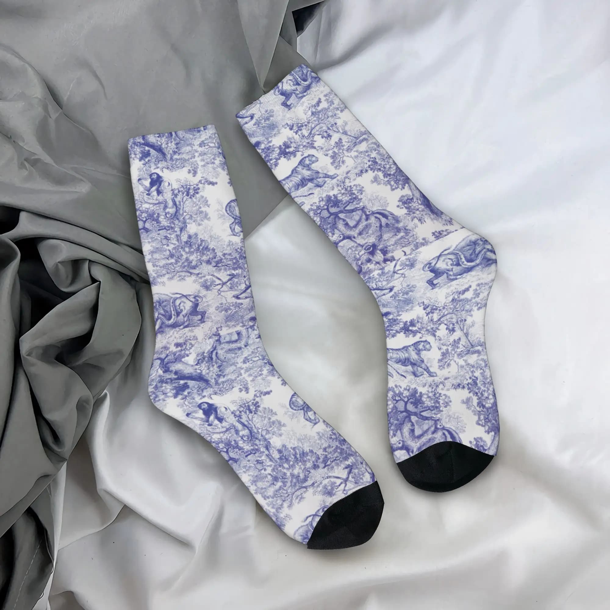 Calzini Personalizzati Divertenti Vintage Classici con Motivo Toile De Jouy Blu Navy, Calzini Sportivi con Stampa Floreale e Animali