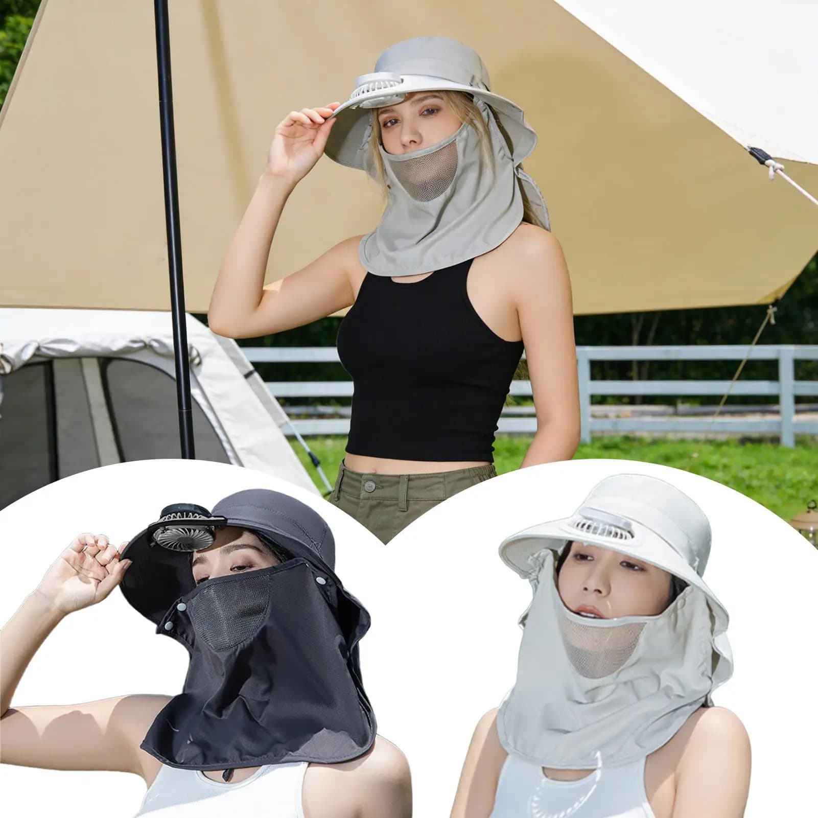Cappello con Ventilatore Solare, Tesa Larga, Protezione UV, Cappello da Sole Rinfrescante per Pesca con Protezione Viso e Patta per il Collo, Ideale per Escursionismo e Campeggio all'Aperto