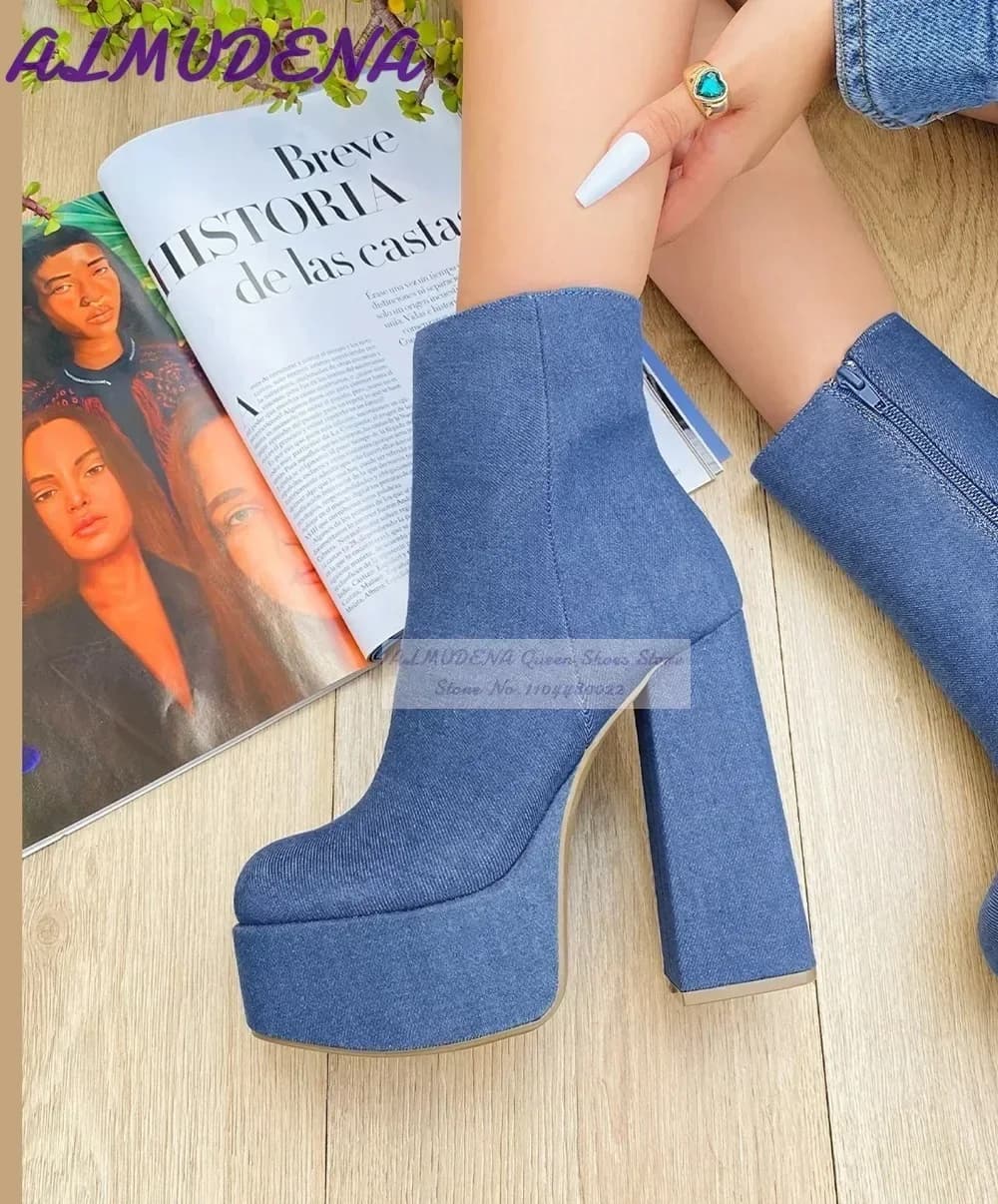 ALMUDENA Stivaletti con tacco largo in denim blu Jeans con plateau alto Stivaletti corti con cerniera Scarpe eleganti con tacco grosso irregolare Dropship