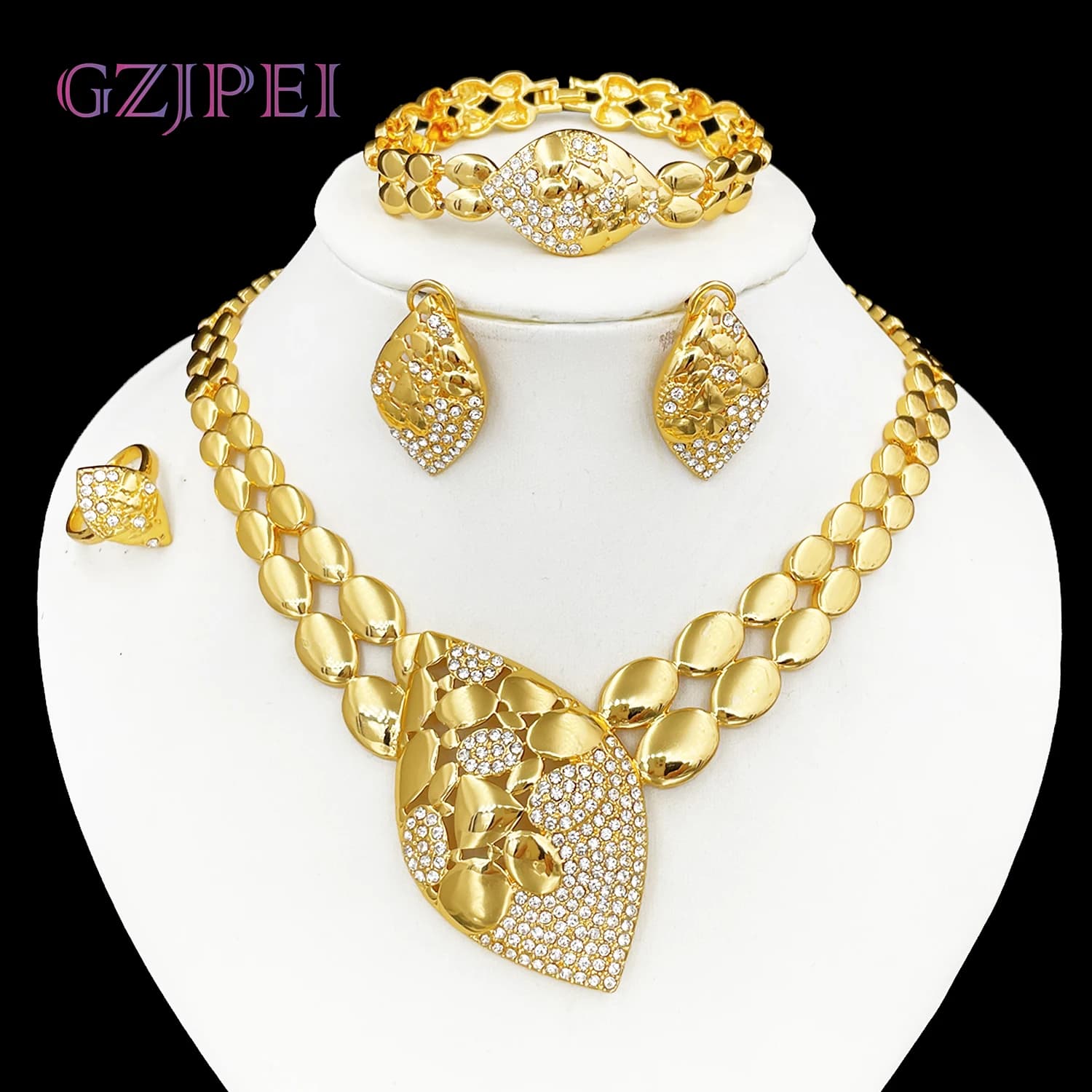 Quality Women Jewelry Sets Luxury Design Dubai Trending Gold Color Necklace Earrings Ring Bracelet Wedding Party Gift