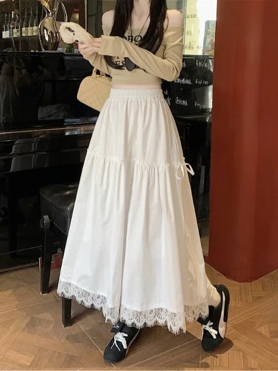 Gonna lunga da donna a vita alta con pizzo e cintura, modello A-line, nuova collezione estiva, elegante e snellente, anti-piega, per il commuting