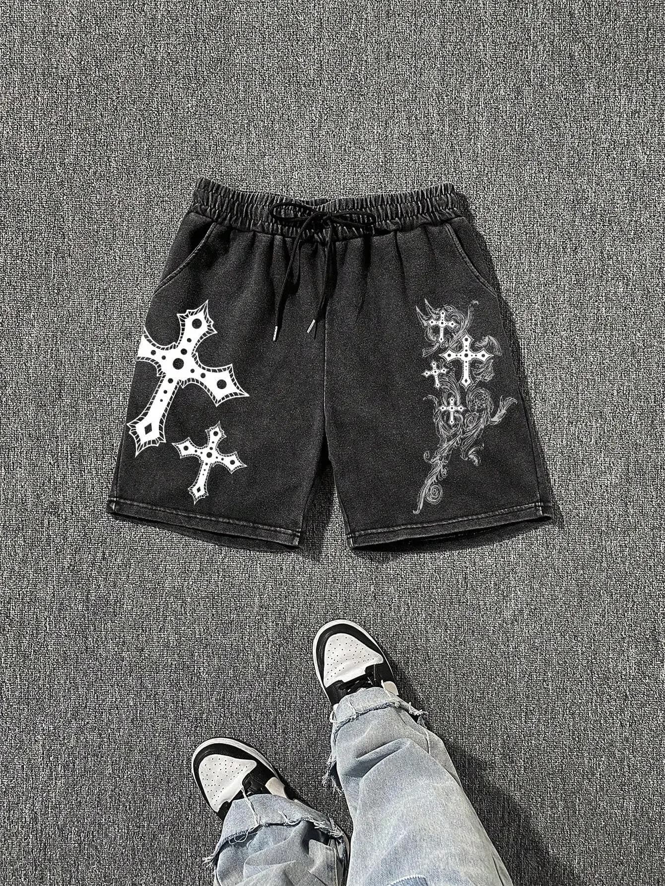 Pantaloncini Casual da Uomo in Cotone Lavato con Stampa a Croce, Stile Streetwear Emo Anni 2000
