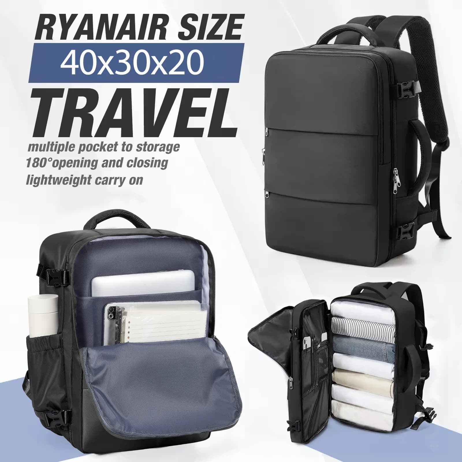 Ryanair 40x30x20 Borsa da cabina per bagagli, 40x30x20 Borsa da uomo Donna Borsa per laptop da 15,6 pollici Zaino da viaggio d'affari, Zaino per scuola universitaria