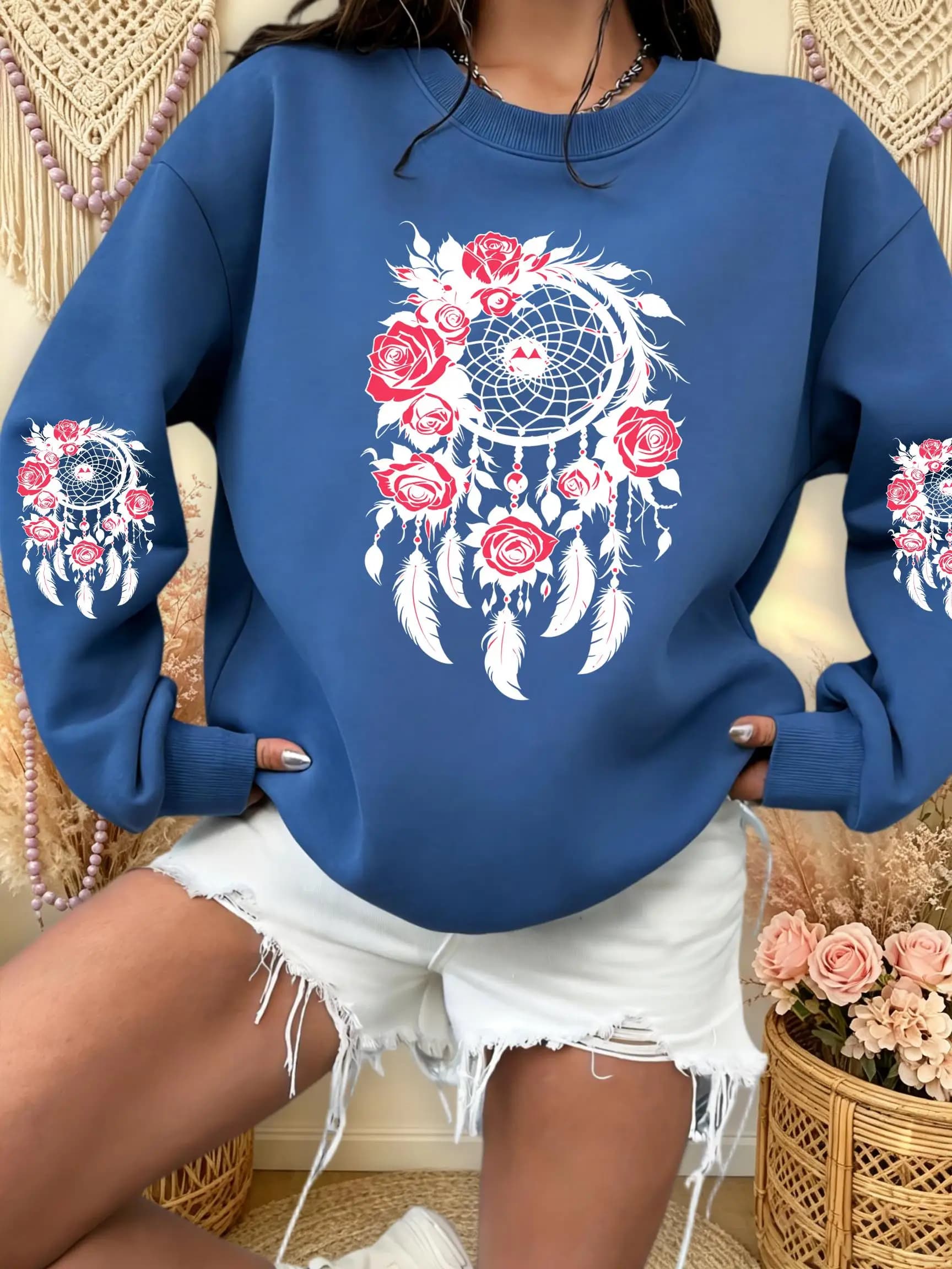 Gothic Red Rose Dreamcatcher Feathers Tribal Print Sweatshirt Women Fleece Jogging Streetwear Autumn Clothes Y2K O-Neck Pullover