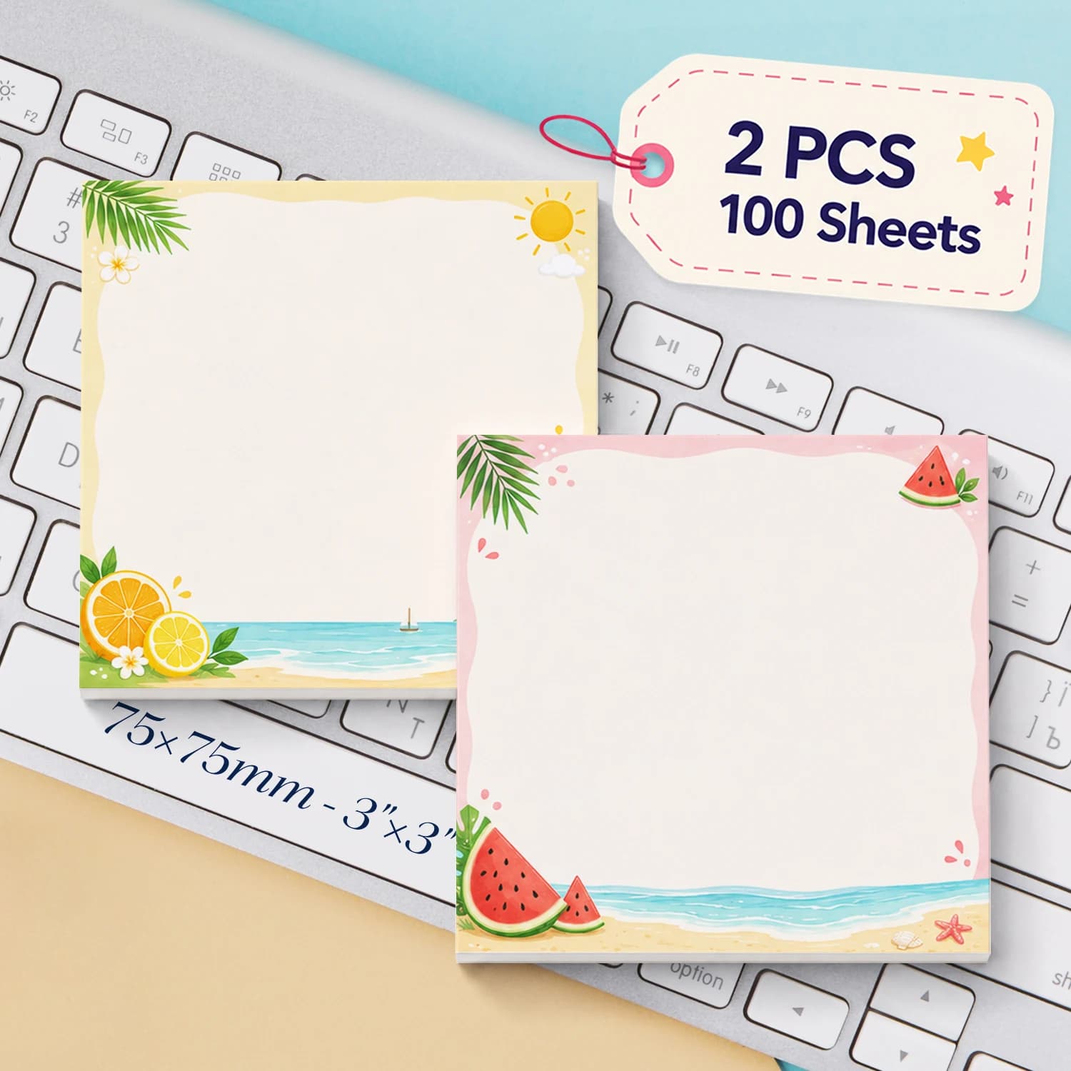 2PCS Summer Beach Sticky Notes 100 Sheets Watermelon Lemon Tropical Memo Pads Vacation Reminder Self Adhesive Office Stationery