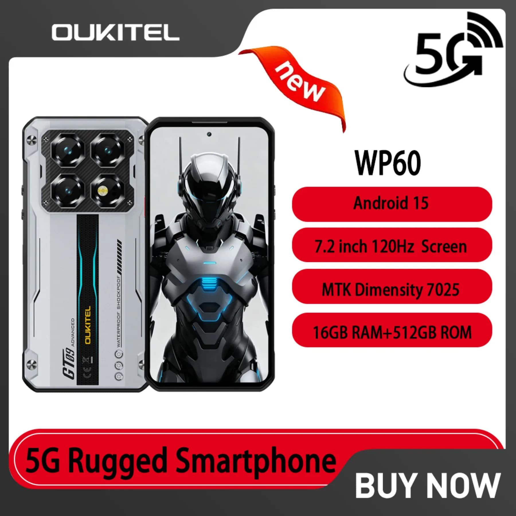 OUKITEL WP60 5G Smartphone Robusto, Batteria 10000mAh, Schermo 7.2 Pollici HD+ 120Hz, 16GB RAM +512GB ROM, Fotocamera 108MP, Dimensity 7025, Android 15, NFC