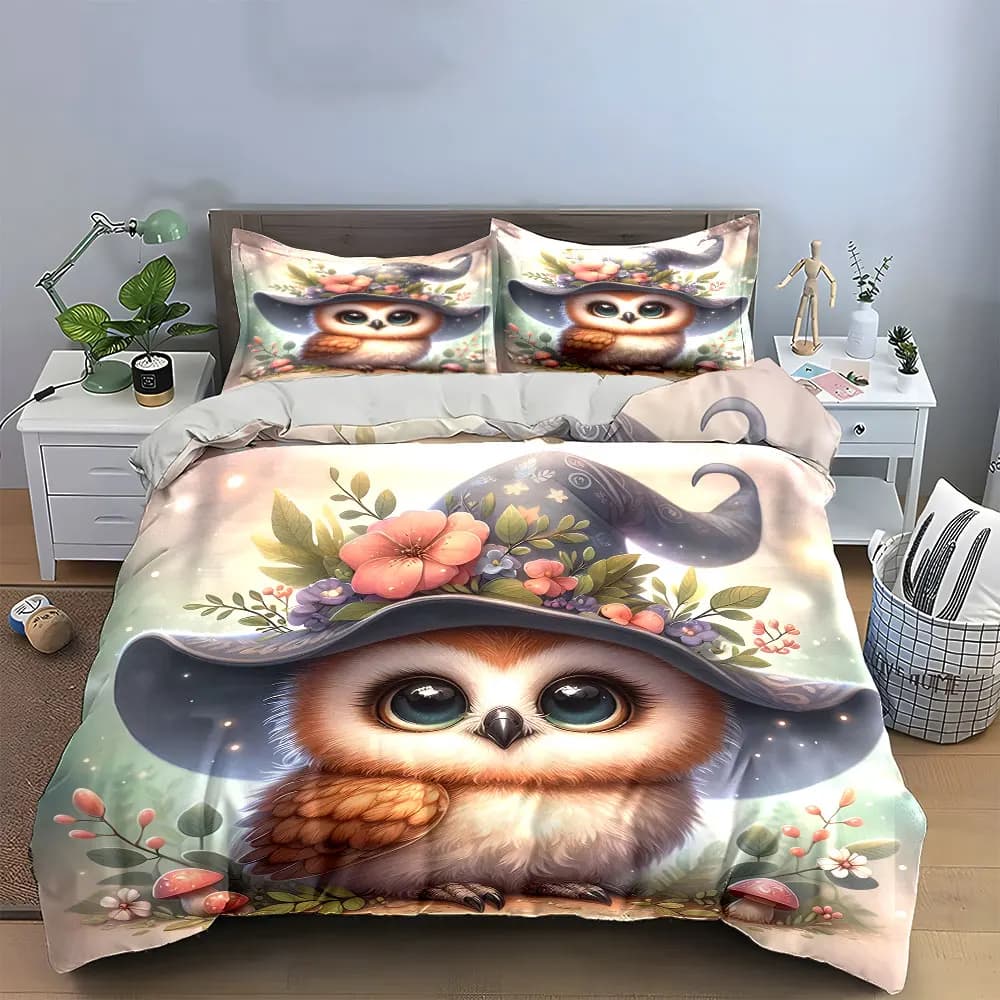 Set di biancheria da letto con decorazioni floreali a forma di gufo, con 1 copripiumino e 2 federe, singolo, matrimoniale, king size, queen size, idea regalo
