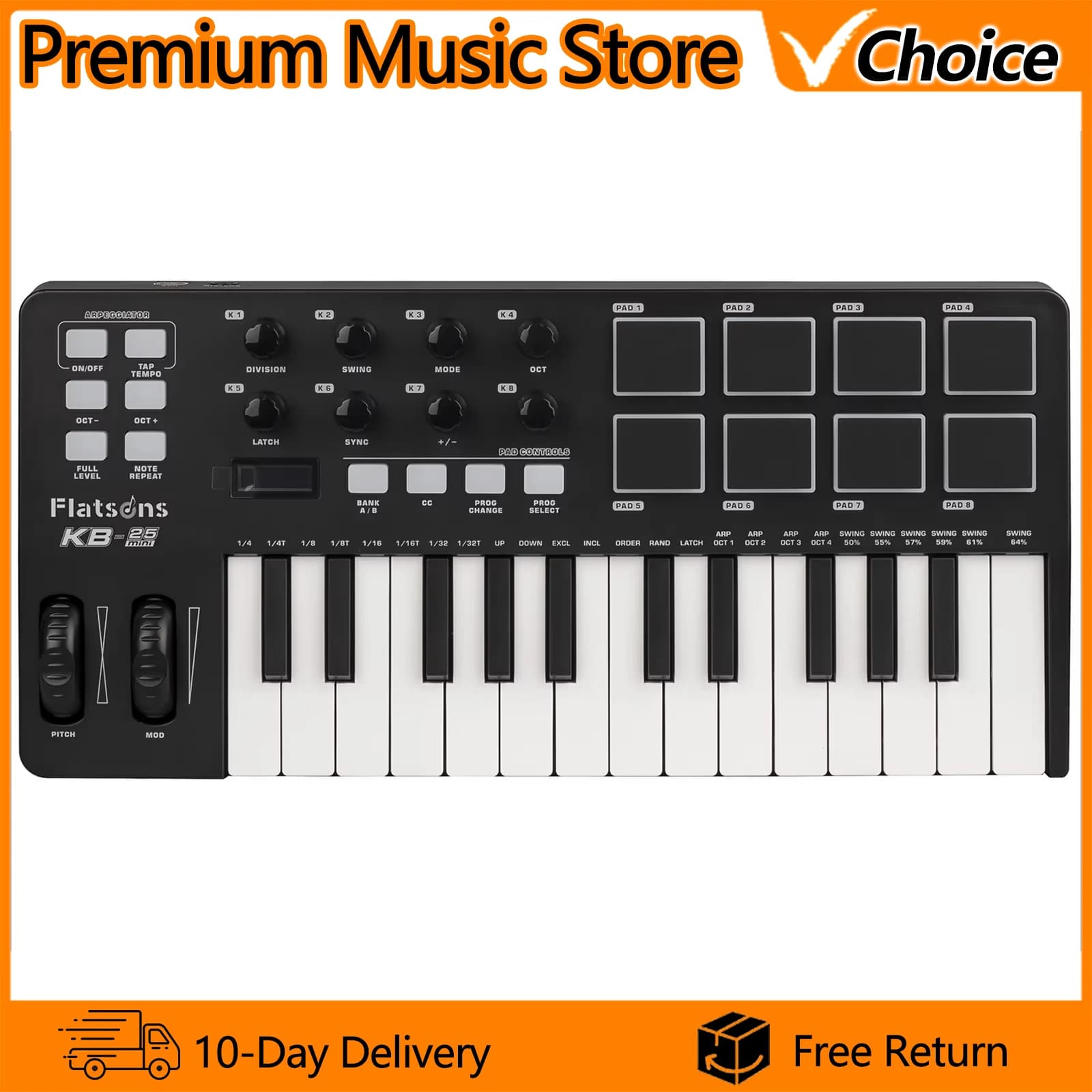 Flatsons MIDI Controller Keyboard KB-25 Tastiera semi-pesata professionale con tasti dinamici, 8 Drum Pads e 8 Manopole Personalizzabili per Arpeggi