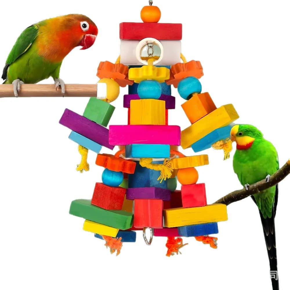 Giocattolo Grande per Pappagalli: Blocchi di Plastica e Legno Colorati per la Cura del Becco, Bastoncini Masticabili per Macaw