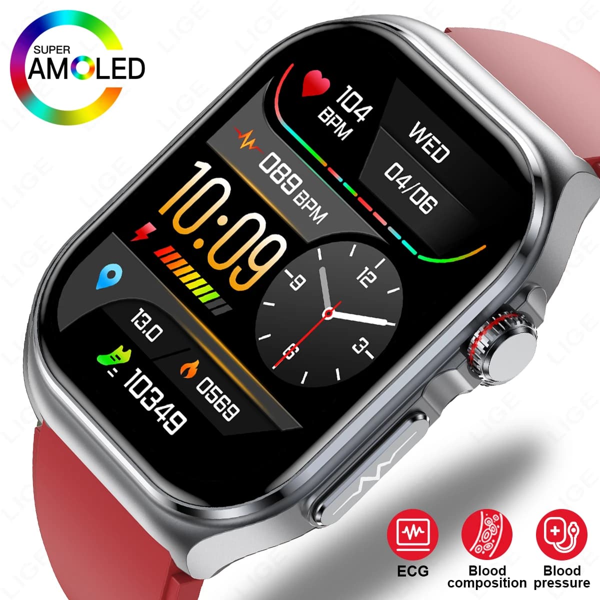 Smartwatch LIGE AMOLED ET585 per Uomo e Donna, Monitoraggio della Salute, Chiamate Bluetooth, Tracker Fitness Sportivo, ECG