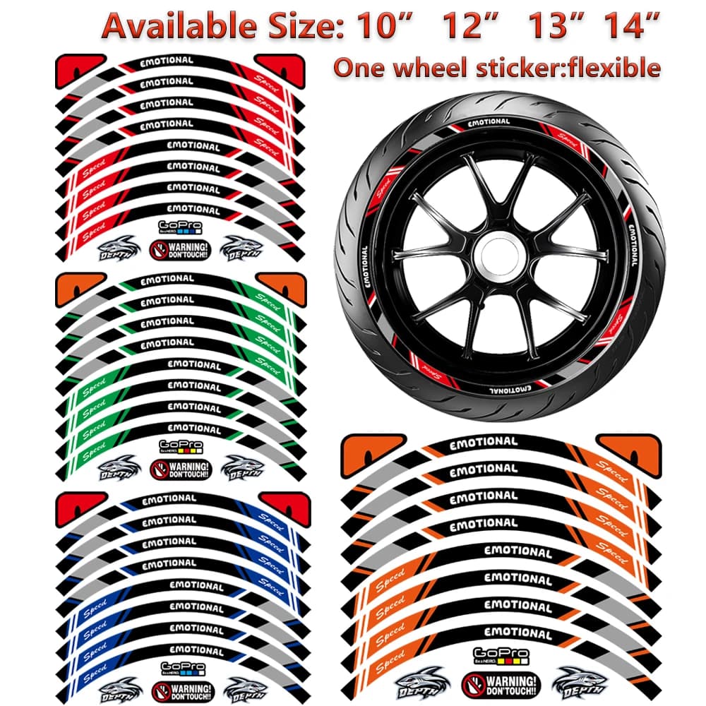 8 pezzi 10 pollici 12 pollici 13 pollici 14 pollici adesivi universali per pneumatici ruota moto nastro riflettente per cerchioni decalcomanie per biciclette (per una ruota)